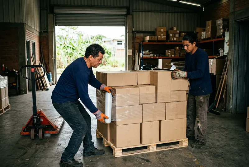 Dos operarios aseguran cajas sobre una estiba para un envío de carga internacional