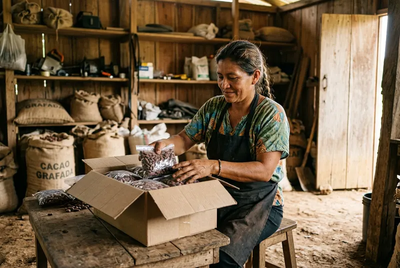Productora del Meta empaca muestras de cacao para exportarlas como envío internacional